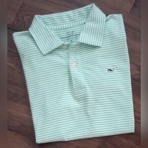 Vineyard Vines Boys Striped Green & White Performance Polo, Size Large (16-18)